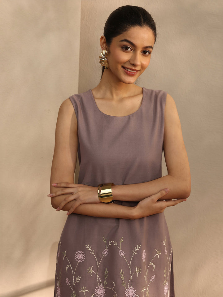 Brown Embroidered Linen Straight Short Kurti