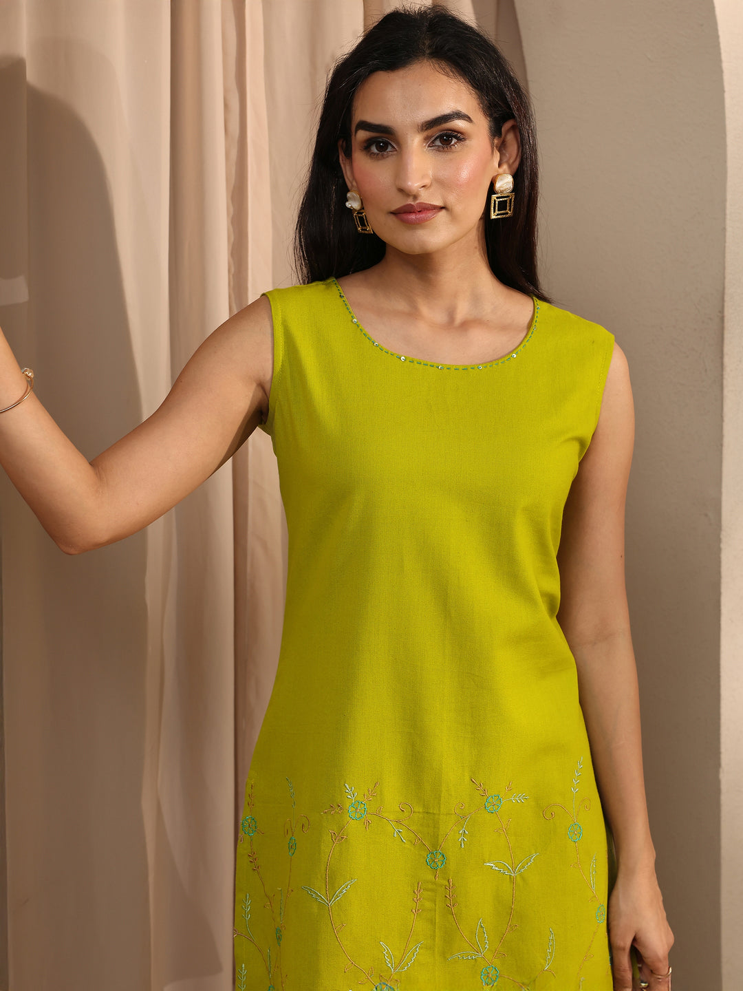 Lime Green Floral Embroidered Linen Straight Short Kurti