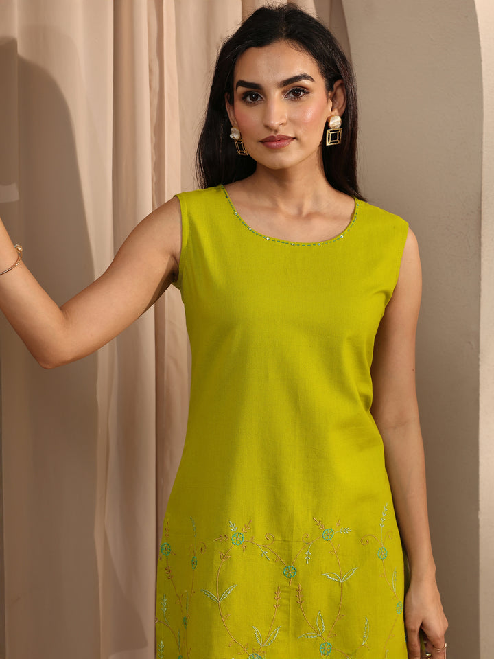 Lime Green Floral Embroidered Linen Straight Short Kurti