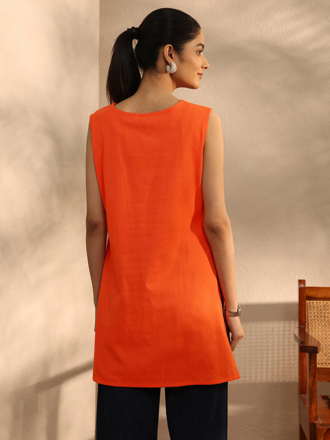 Orange Embroidered Linen Straight Short Kurti