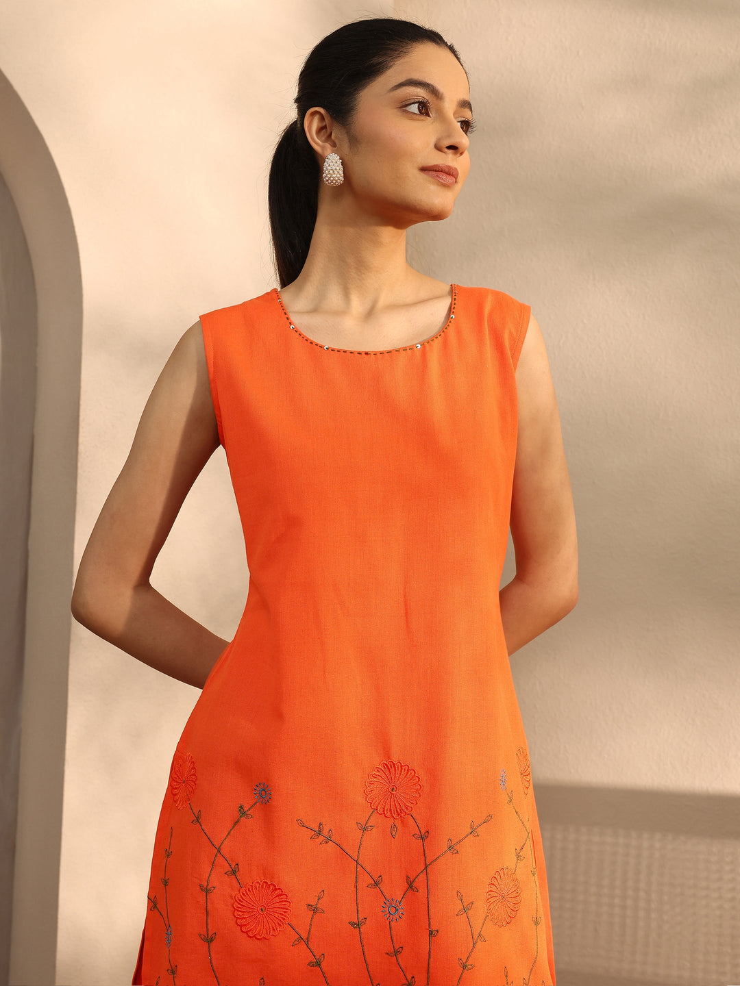 Orange Embroidered Linen Straight Short Kurti