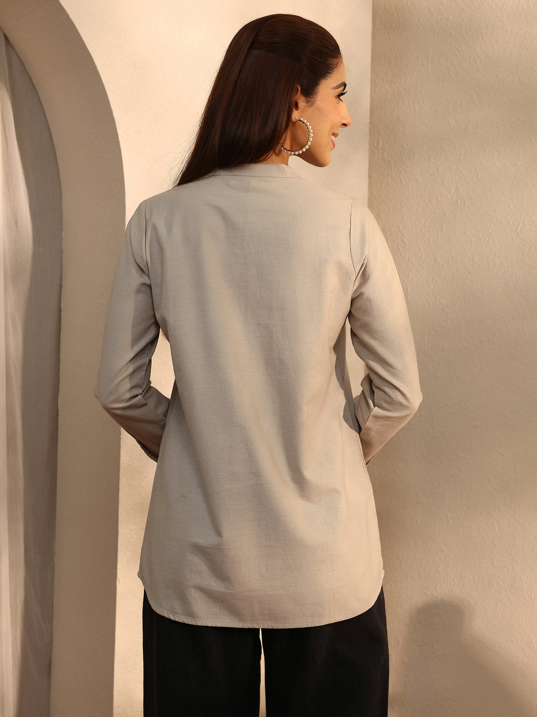 Grey Self Design Linen Shirt