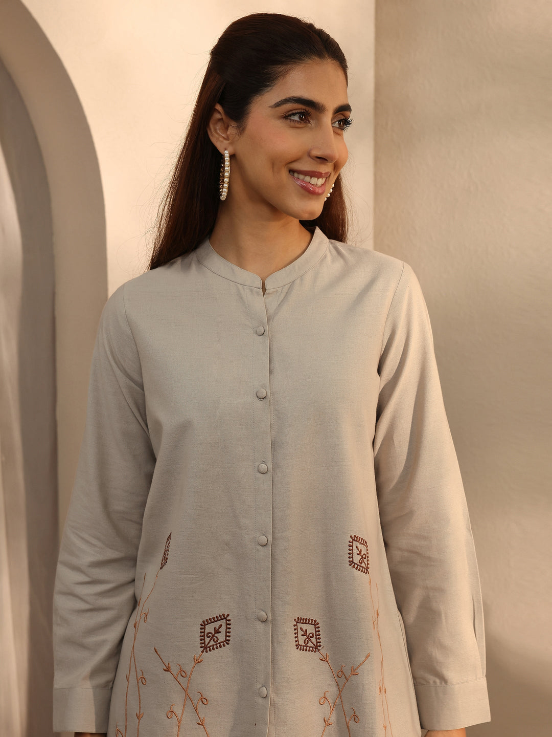 Grey Self Design Linen Shirt