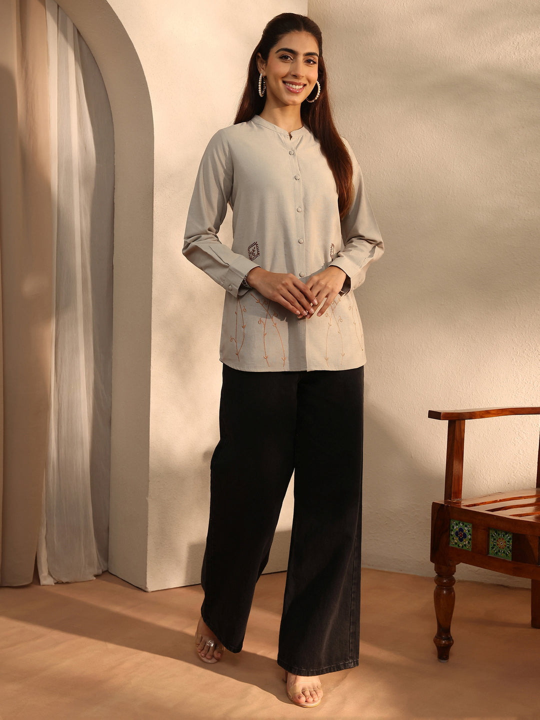 Grey Self Design Linen Shirt