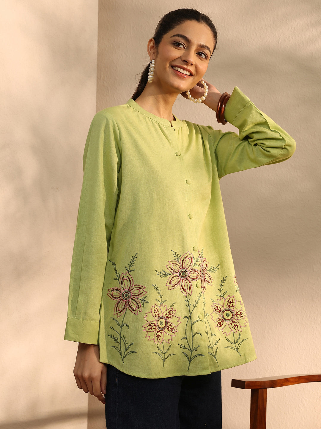 Yellow Floral Embroidered Linen Shirt