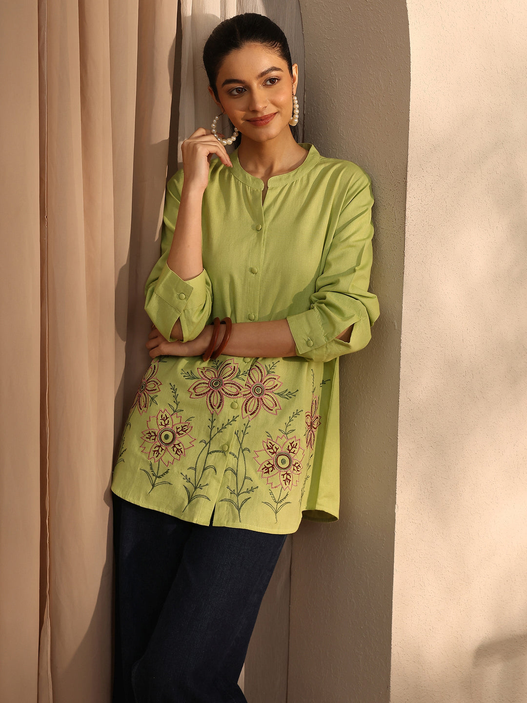 Yellow Floral Embroidered Linen Shirt