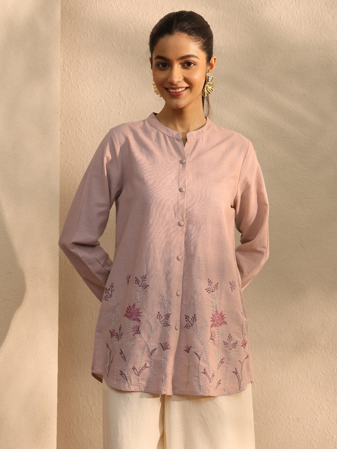 Peach Self Design Linen Shirt