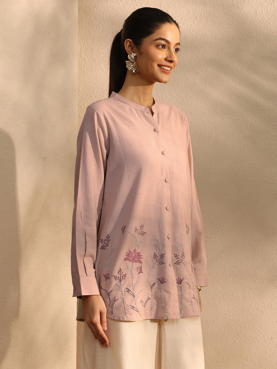 Peach Self Design Linen Shirt
