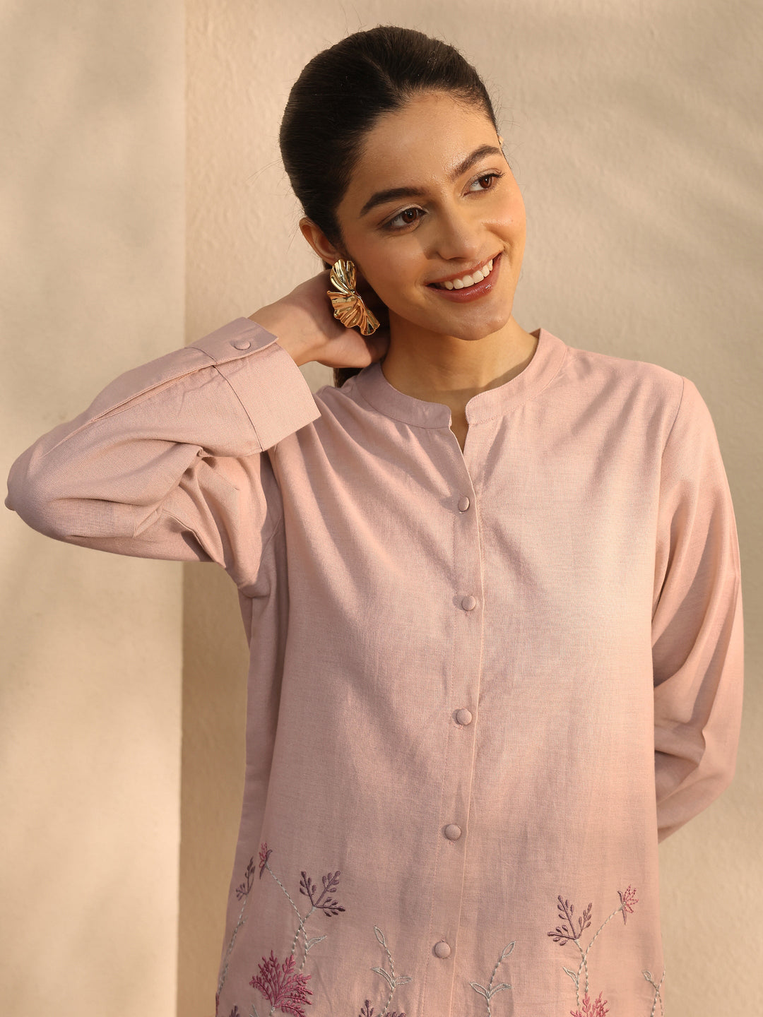 Peach Self Design Linen Shirt