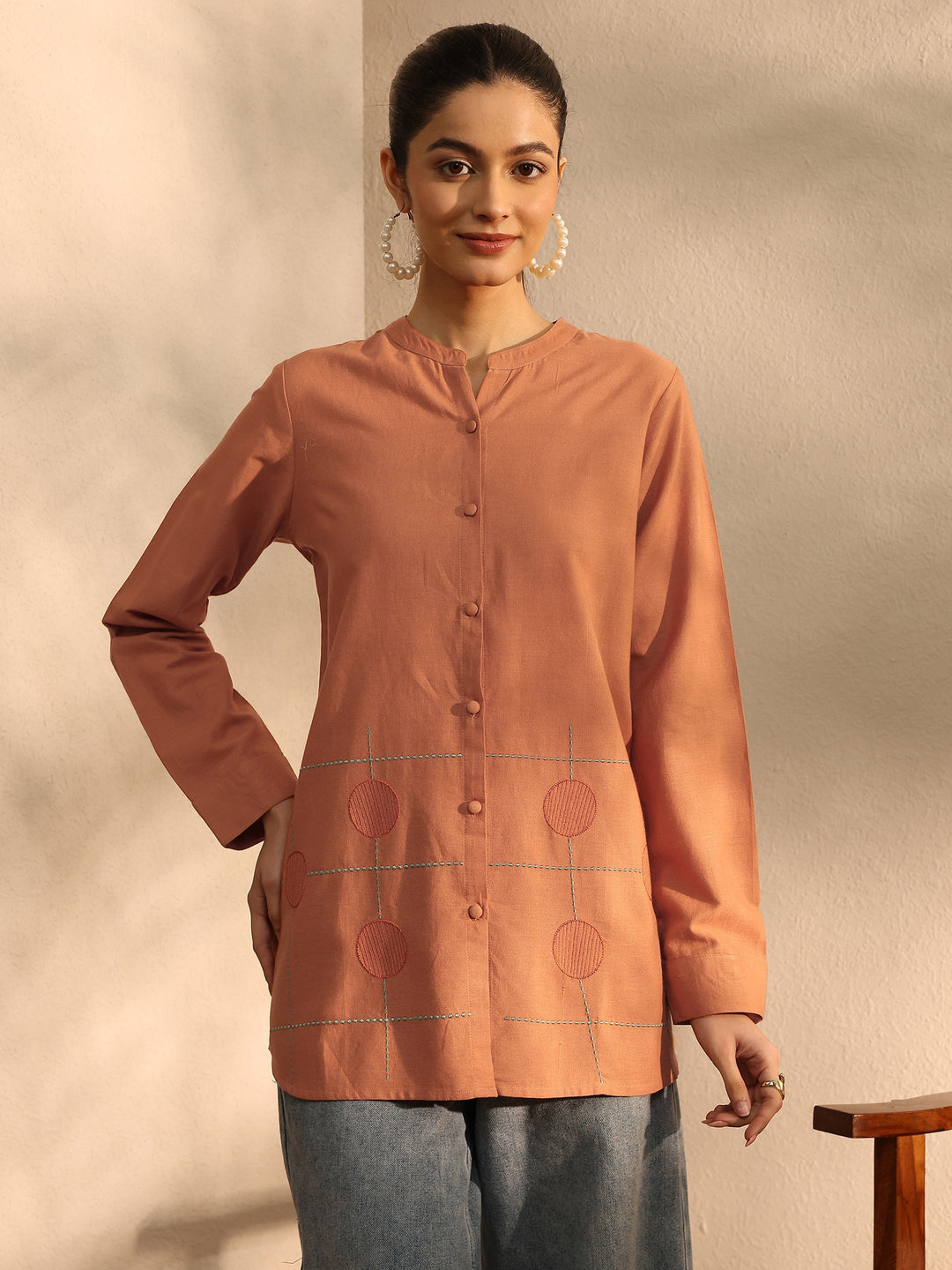 Rust Self Design Linen Shirt