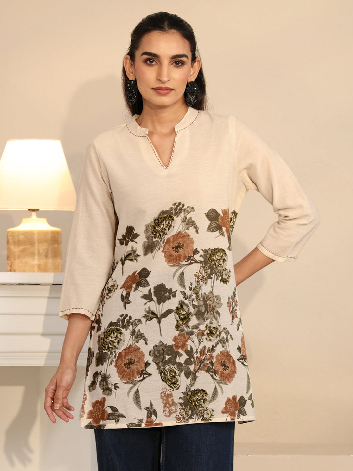 Libas Off White Floral Printed Cotton Blend Short Kurti