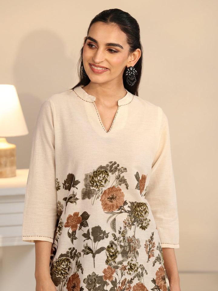 Libas Off White Floral Printed Cotton Blend Short Kurti