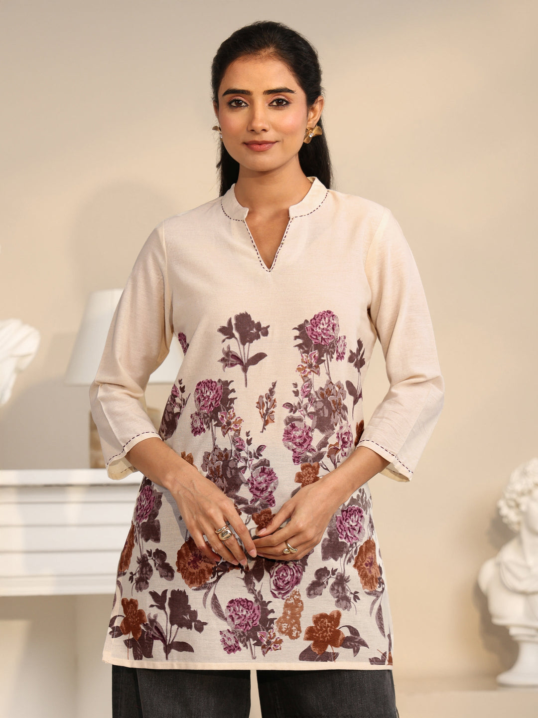 Libas Off White Floral Printed Cotton Blend Short Kurti
