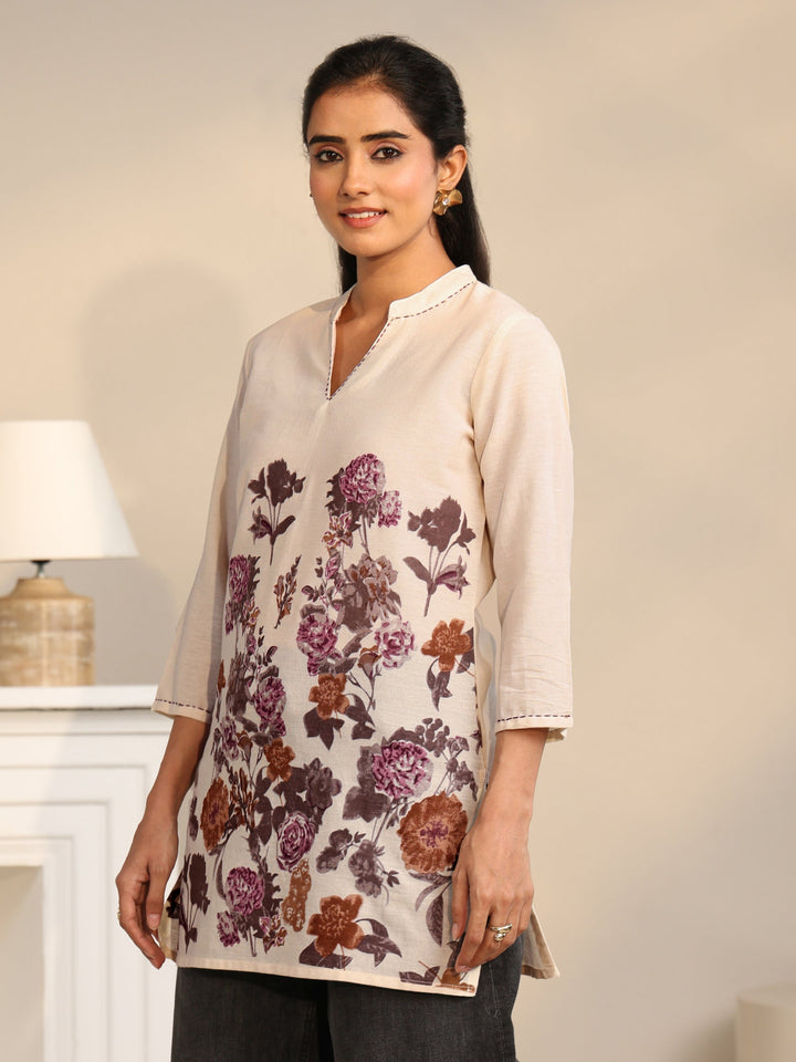 Libas Off White Floral Printed Cotton Blend Short Kurti