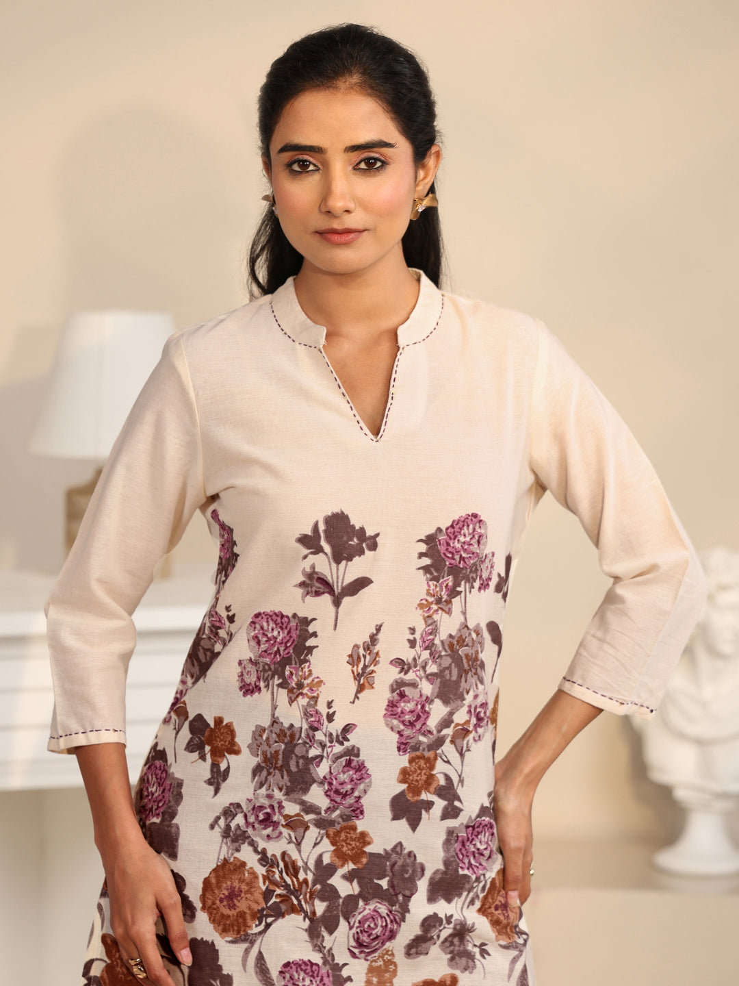 Libas Off White Floral Printed Cotton Blend Short Kurti