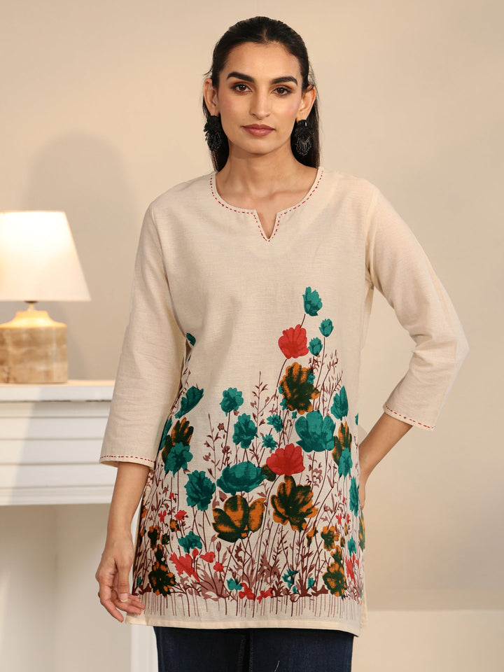 Libas Off White Floral Printed Cotton Blend Short Kurti