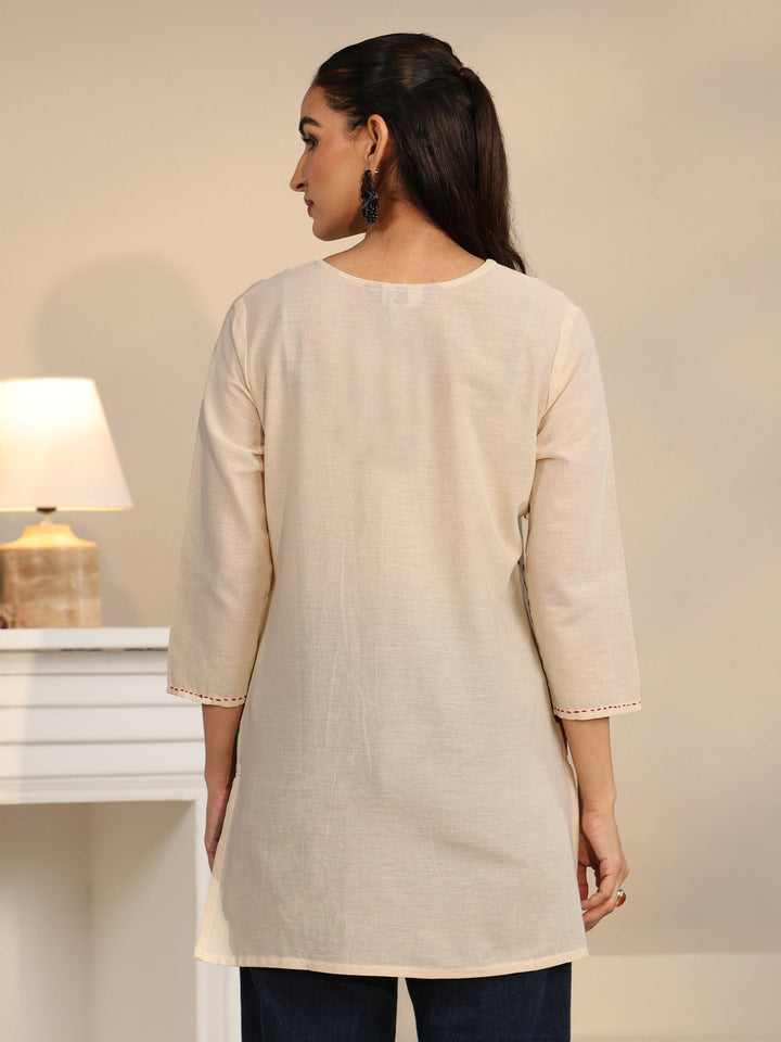 Libas Off White Floral Printed Cotton Blend Short Kurti