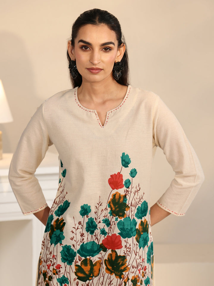 Libas Off White Floral Printed Cotton Blend Short Kurti