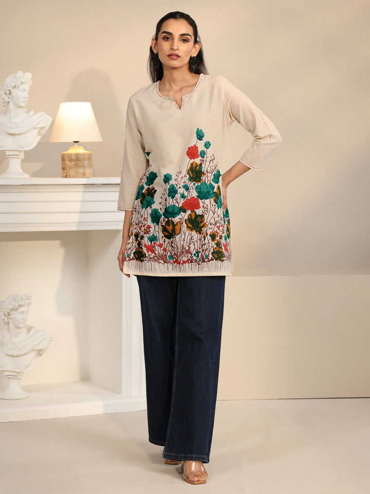 Libas Off White Floral Printed Cotton Blend Short Kurti