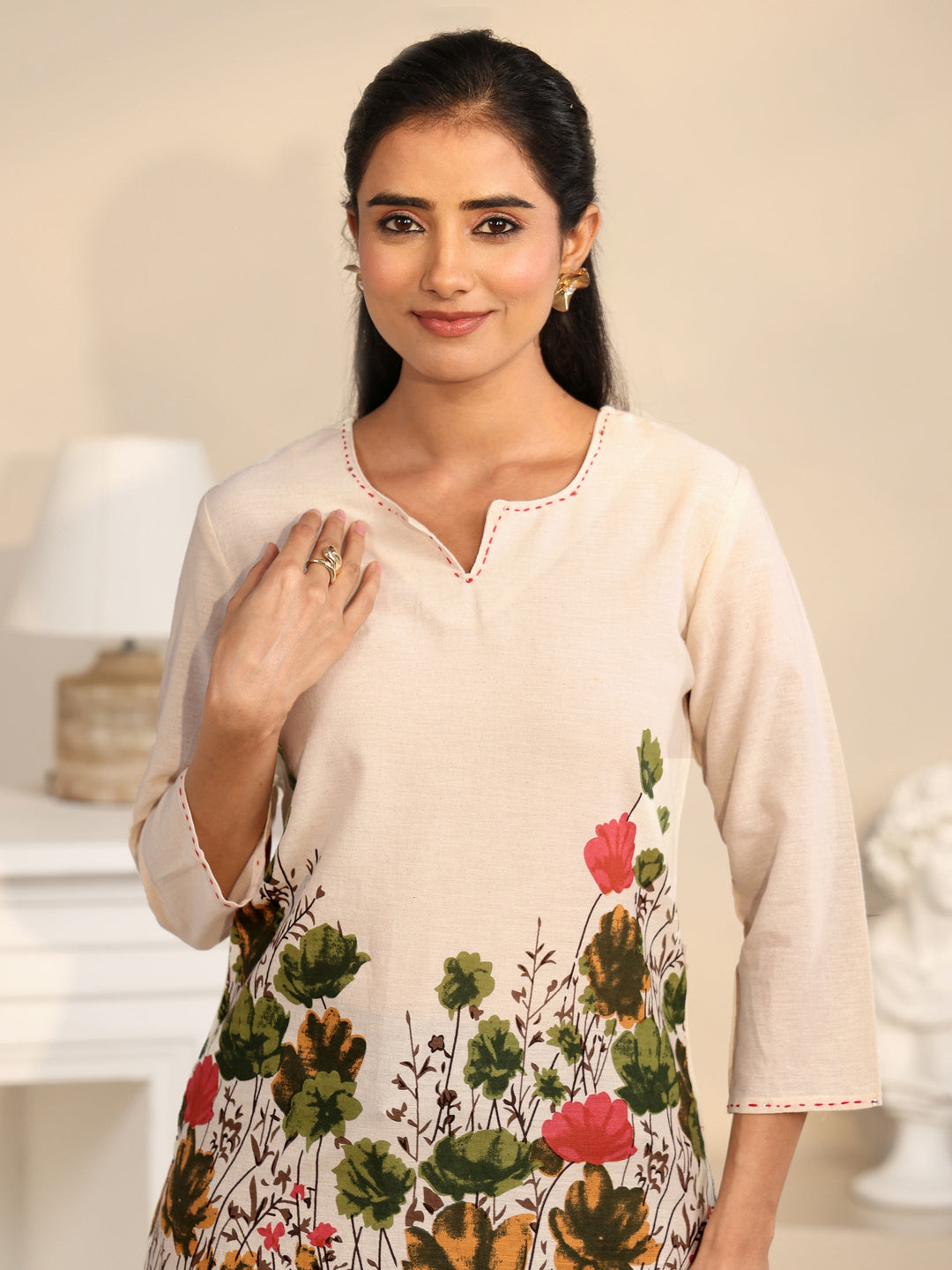 Libas Off White Floral Printed Cotton Blend Short Kurti