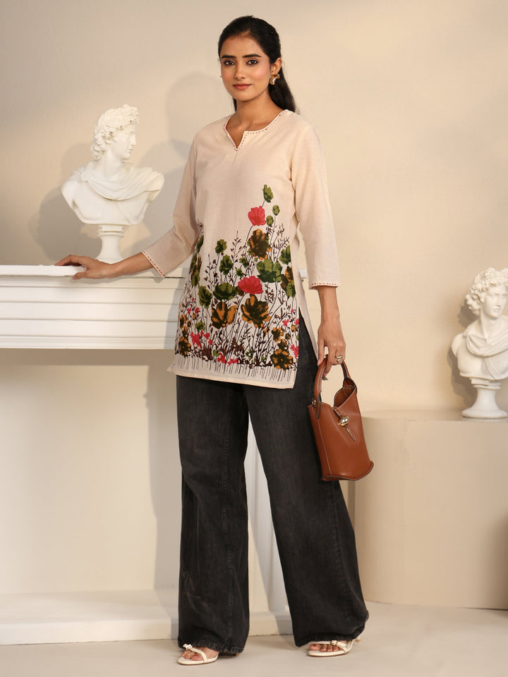 Libas Off White Floral Printed Cotton Blend Short Kurti