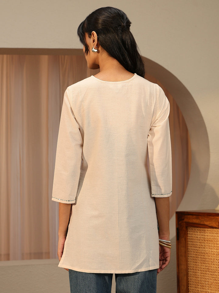 Off White Floral Printed Cotton Blend Straight Short Kurti