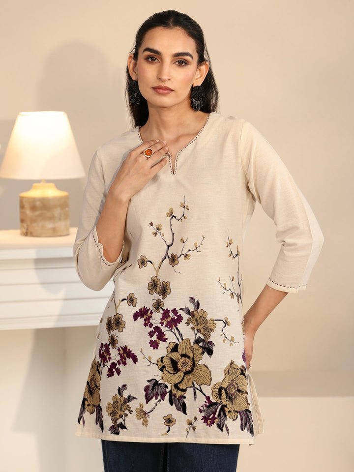 Libas Off White Floral Printed Cotton Blend Short Kurti