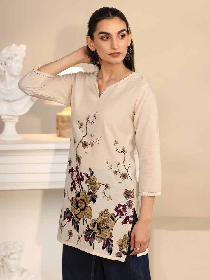 Libas Off White Floral Printed Cotton Blend Short Kurti