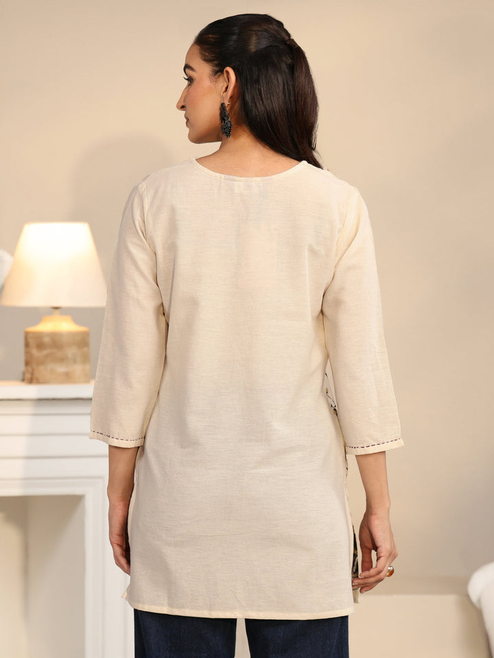 Libas Off White Floral Printed Cotton Blend Short Kurti
