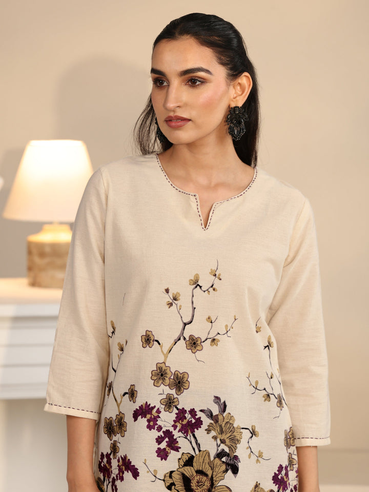 Libas Off White Floral Printed Cotton Blend Short Kurti