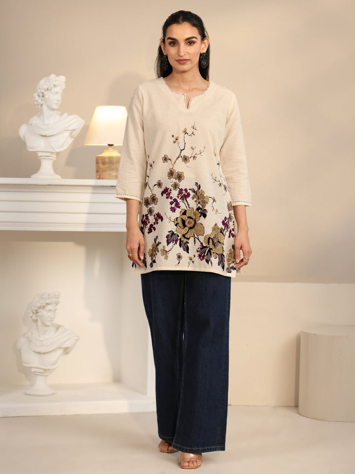 Libas Off White Floral Printed Cotton Blend Short Kurti