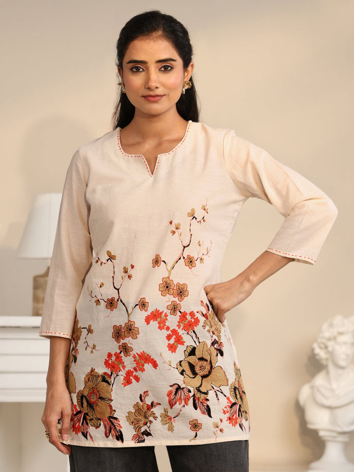 Libas Off White Floral Printed Cotton Blend Short Kurti