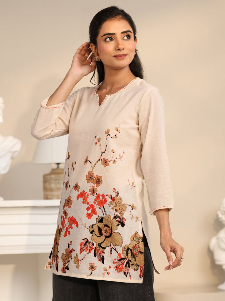 Libas Off White Floral Printed Cotton Blend Short Kurti