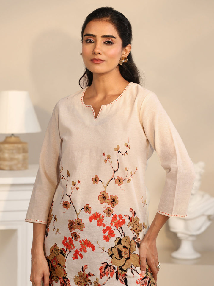 Libas Off White Floral Printed Cotton Blend Short Kurti