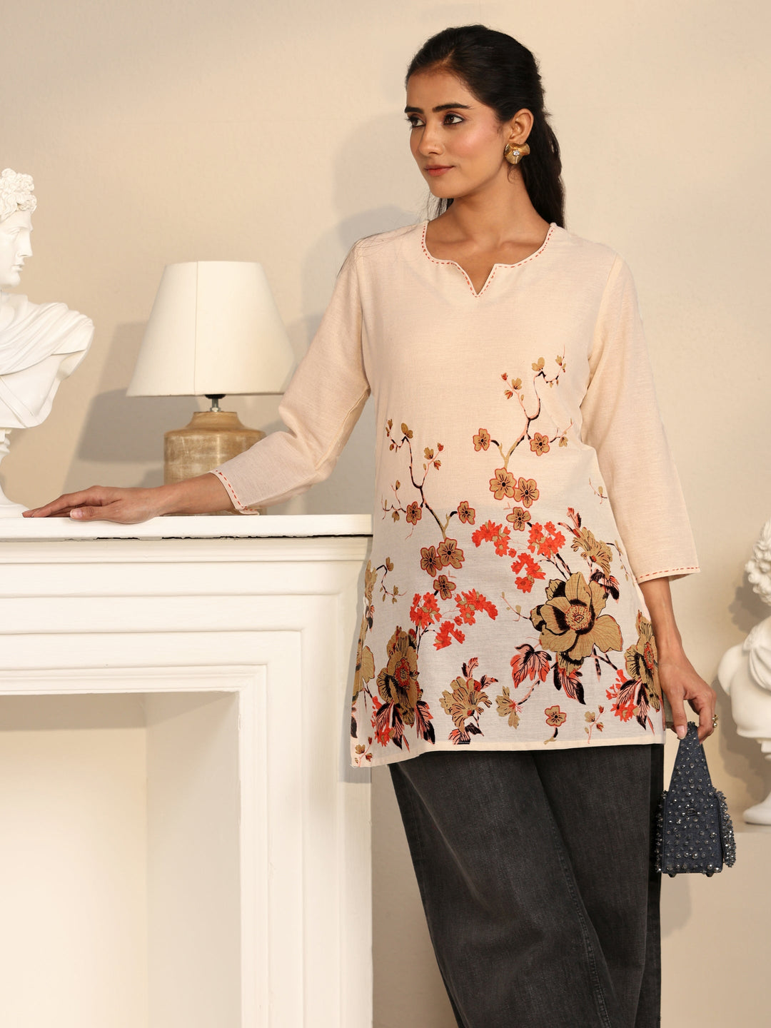 Libas Off White Floral Printed Cotton Blend Short Kurti