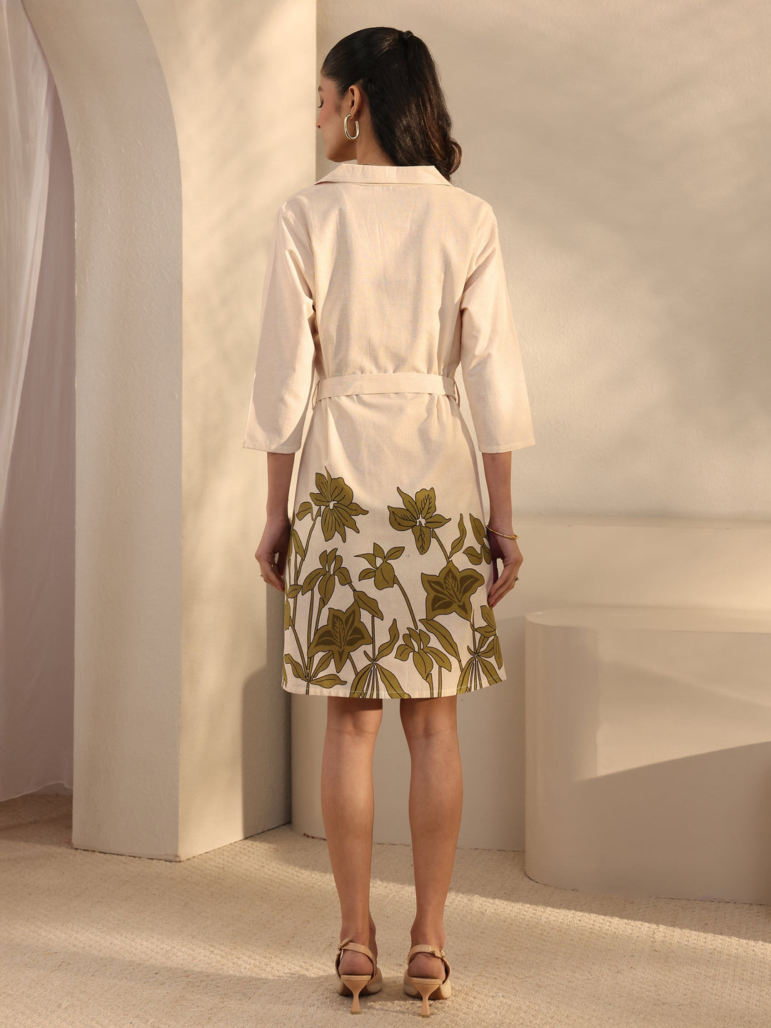 Off White Floral Printed Cotton Blend Shirt Dress With Waistbelt