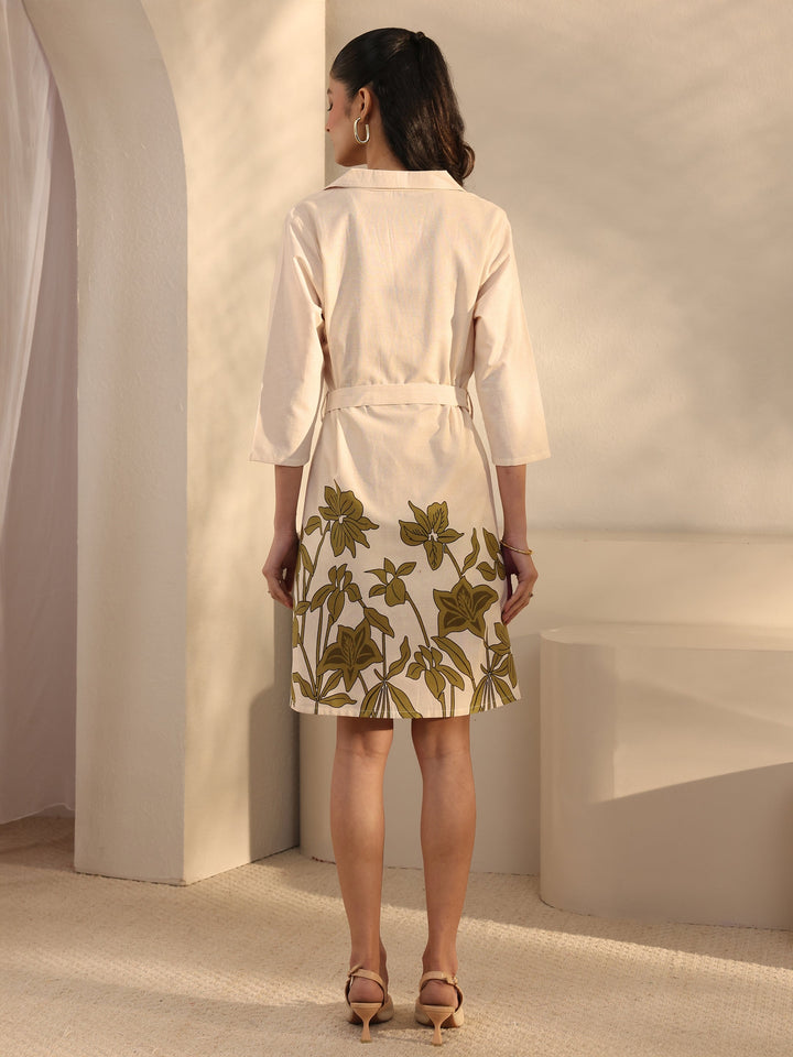 Off White Floral Printed Cotton Blend Shirt Dress With Waistbelt
