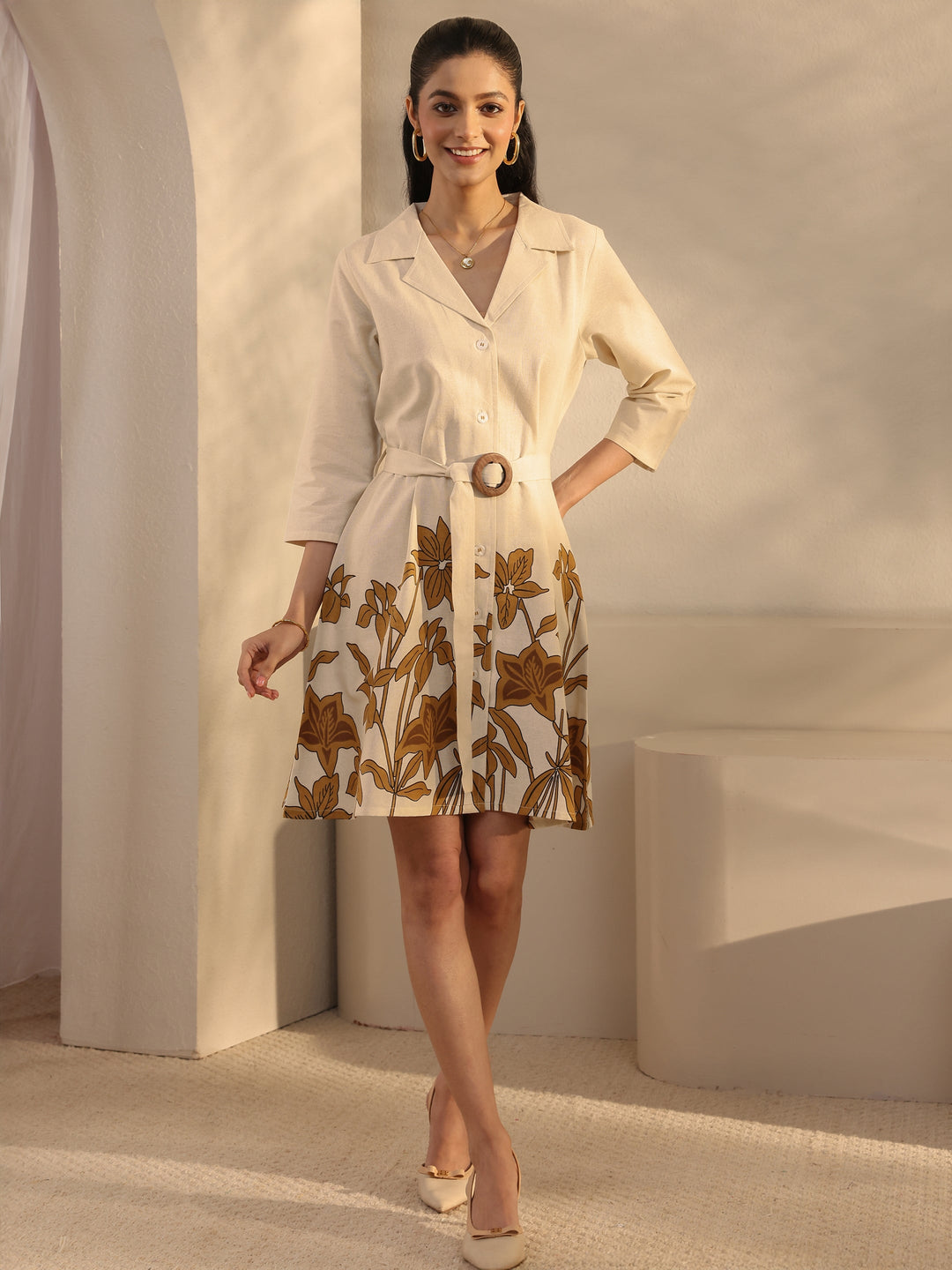 Off White Floral Printed Cotton Blend Shirt Dress With Waistbelt