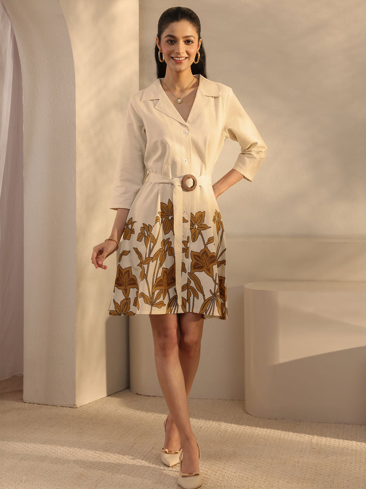 Off White Floral Printed Cotton Blend Shirt Dress With Waistbelt