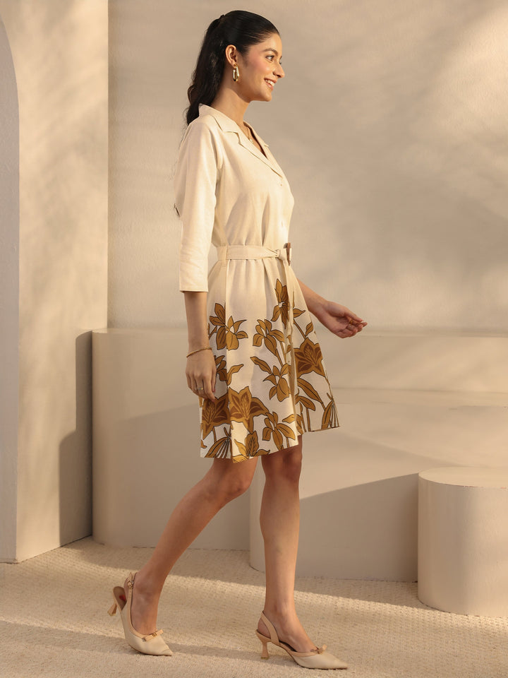 Off White Floral Printed Cotton Blend Shirt Dress With Waistbelt