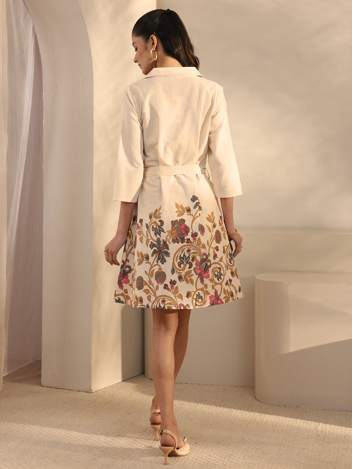 Off White Floral Printed Cotton Blend Shirt Dress With Waistbelt