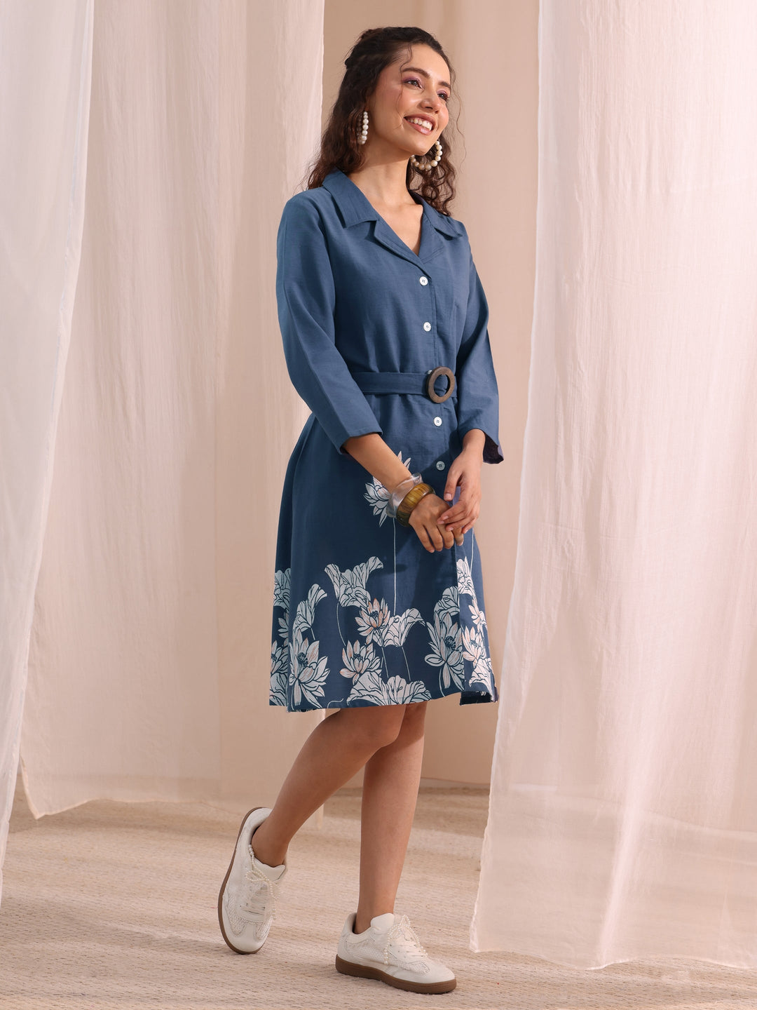 Libas Blue Floral Printed Cotton Blend Shirt Dress