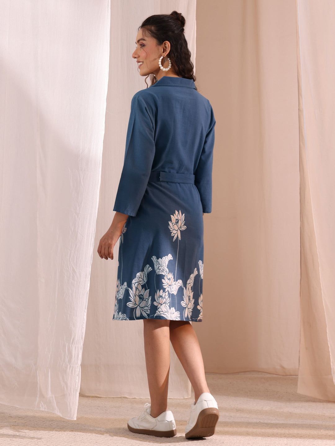 Libas Blue Floral Printed Cotton Blend Shirt Dress