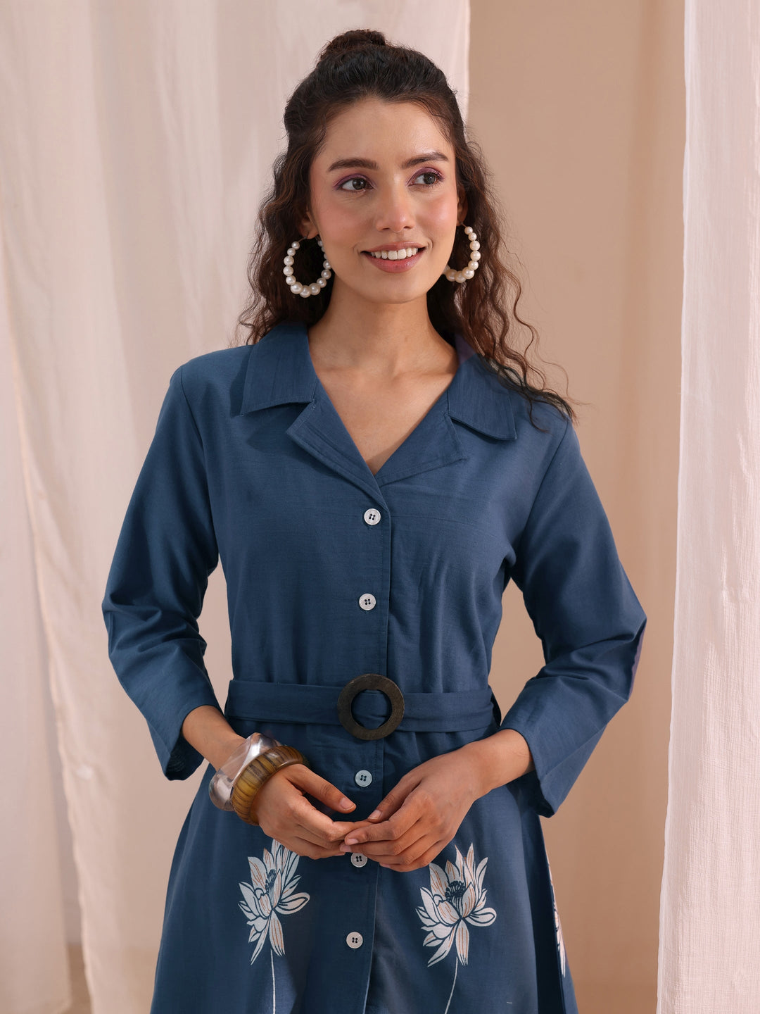 Libas Blue Floral Printed Cotton Blend Shirt Dress