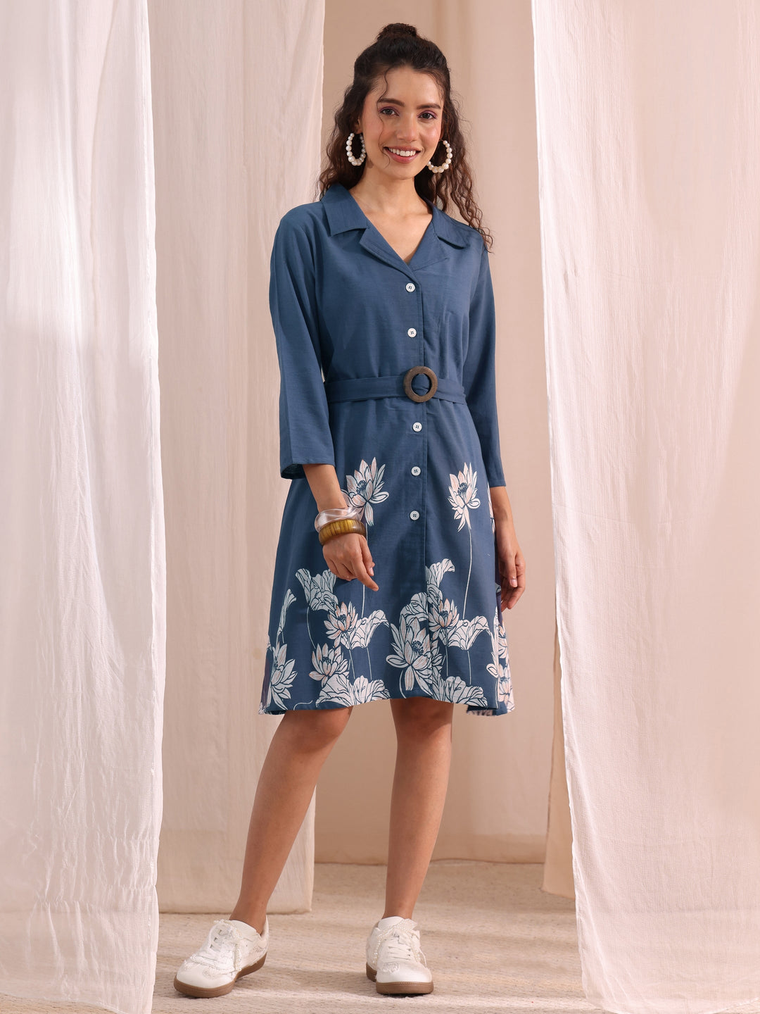 Libas Blue Floral Printed Cotton Blend Shirt Dress