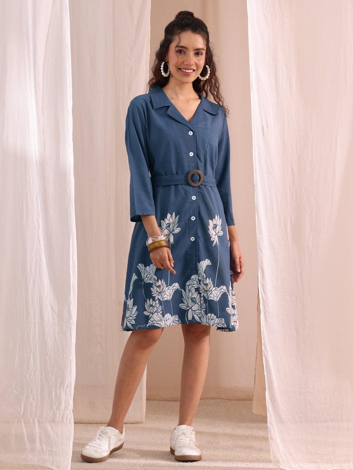 Libas Blue Floral Printed Cotton Blend Shirt Dress