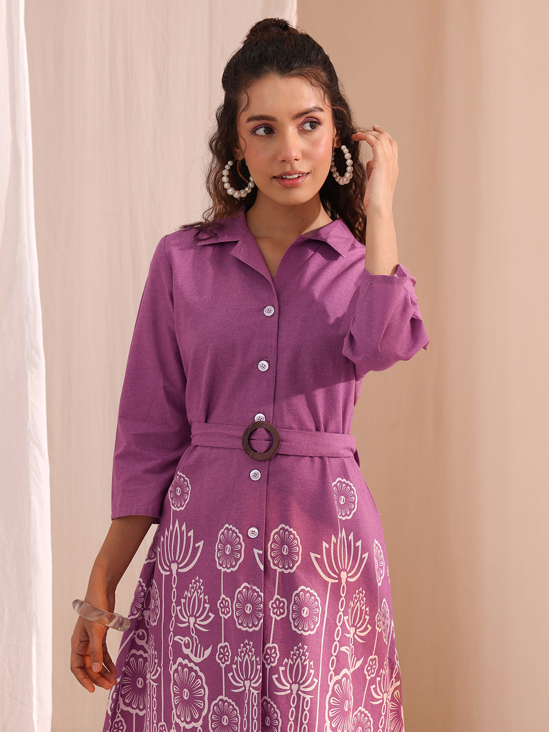 Libas Lavender Floral Printed Cotton Blend Shirt Dress