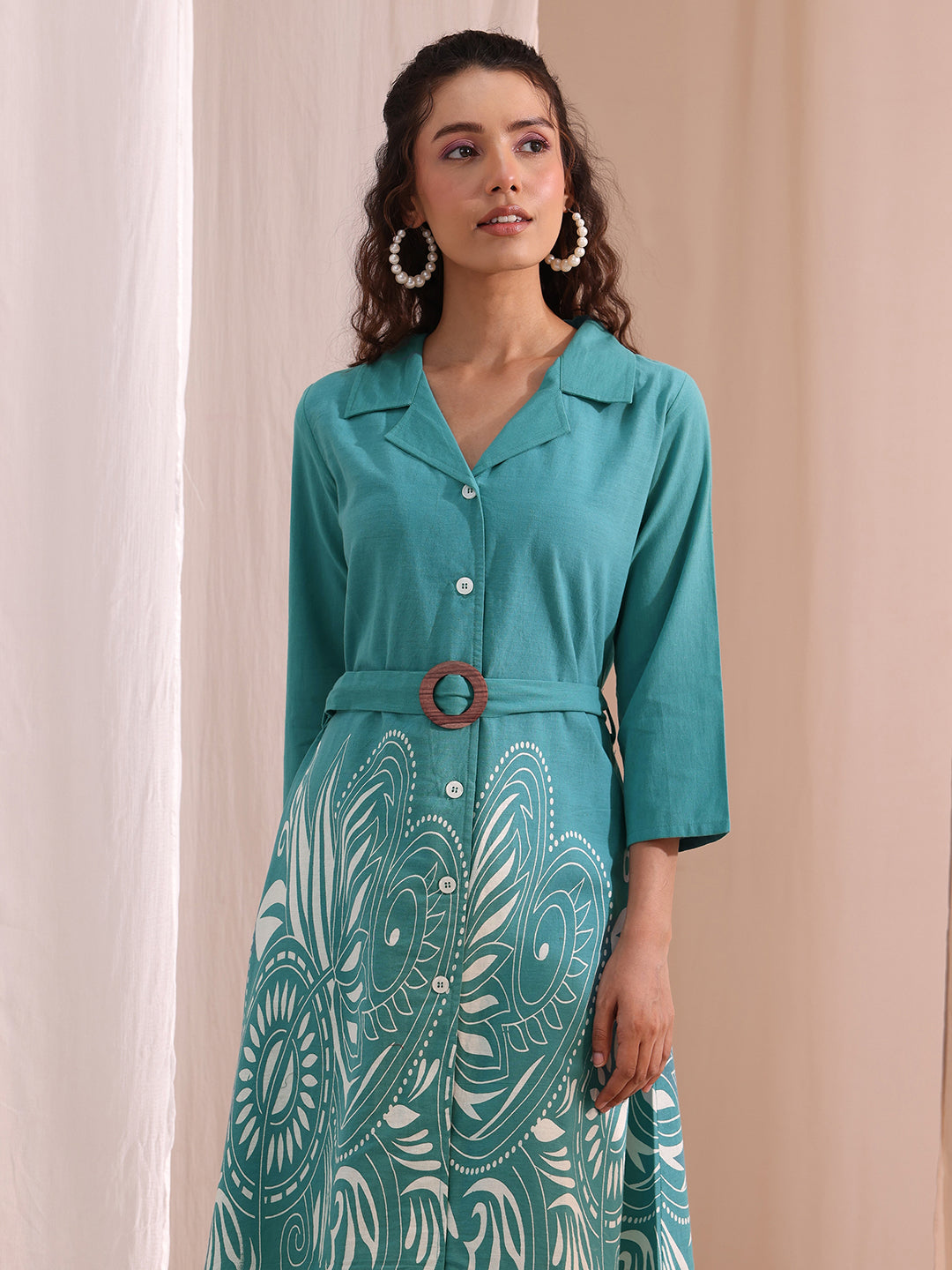Libas Teal Floral Printed Cotton Blend Shirt Dress