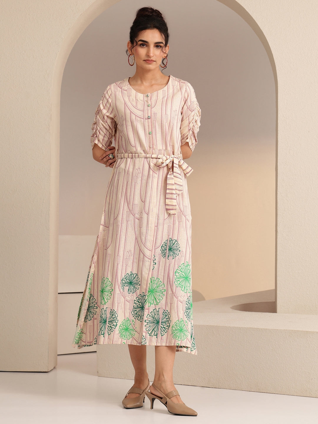 Libas Ivory Geometric Print Cotton Midi Dress