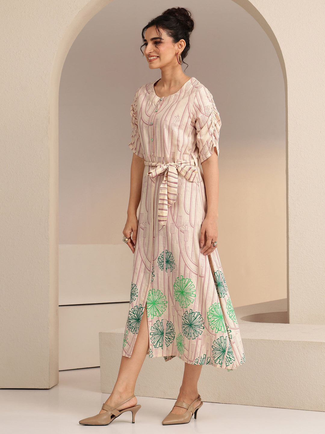 Libas Ivory Geometric Print Cotton Midi Dress
